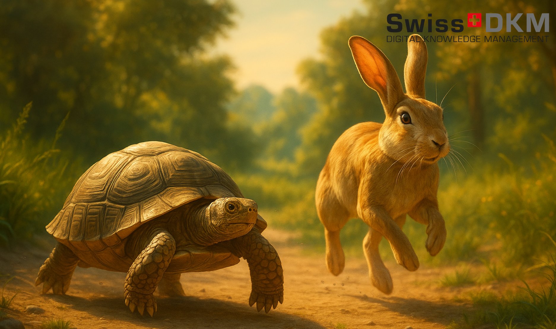 Schildkröte und Hase stehen für Sichtbarkeit durch Kontinuität und Vertrauen im KI-Zeitalter